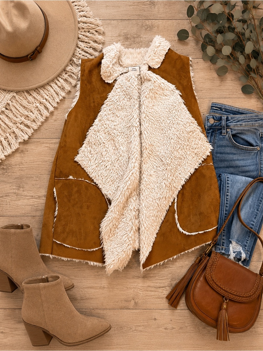 Knox Rose Sherpa Faux Suede Waterfall Vest XL Camel Brown Cream Boho Western